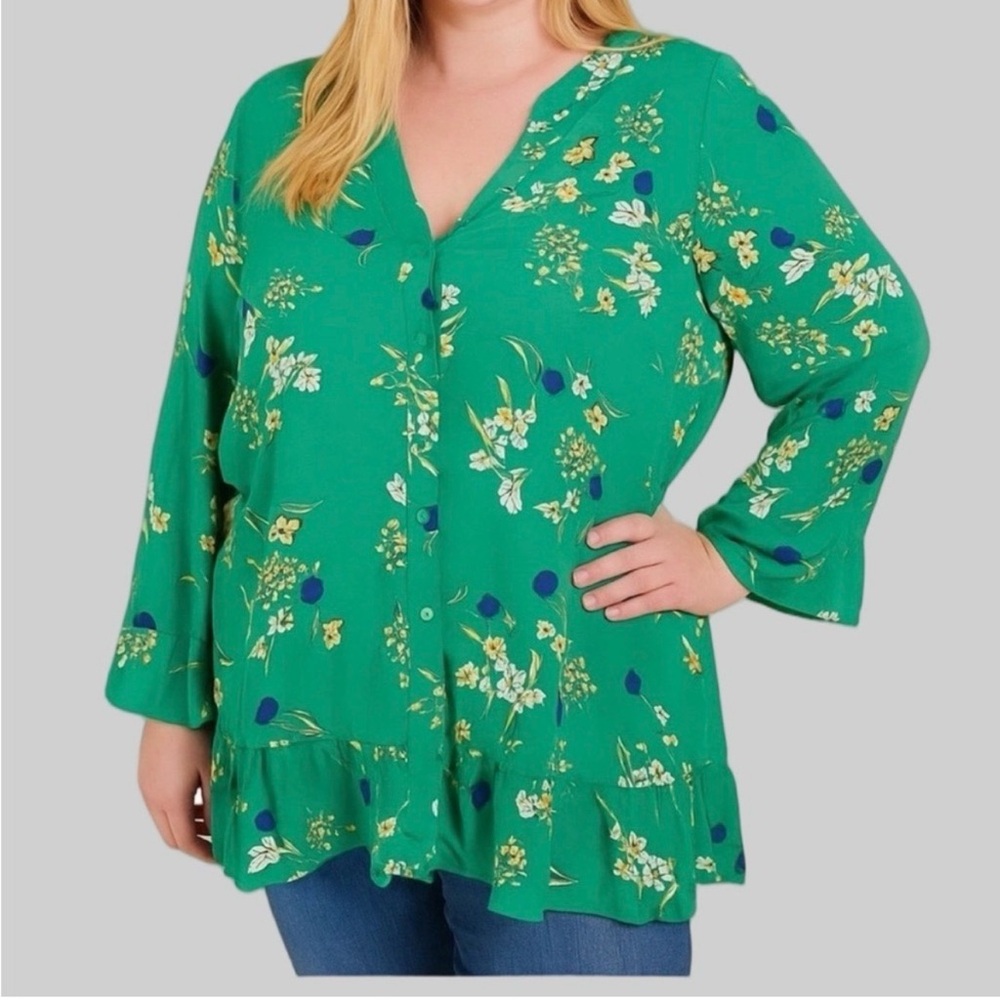 DC JEANS Floral Green Women's Top Button Front size 1X